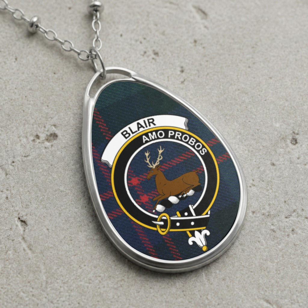 Blair clan Scottish tartan necklace with clan crest on tartan background