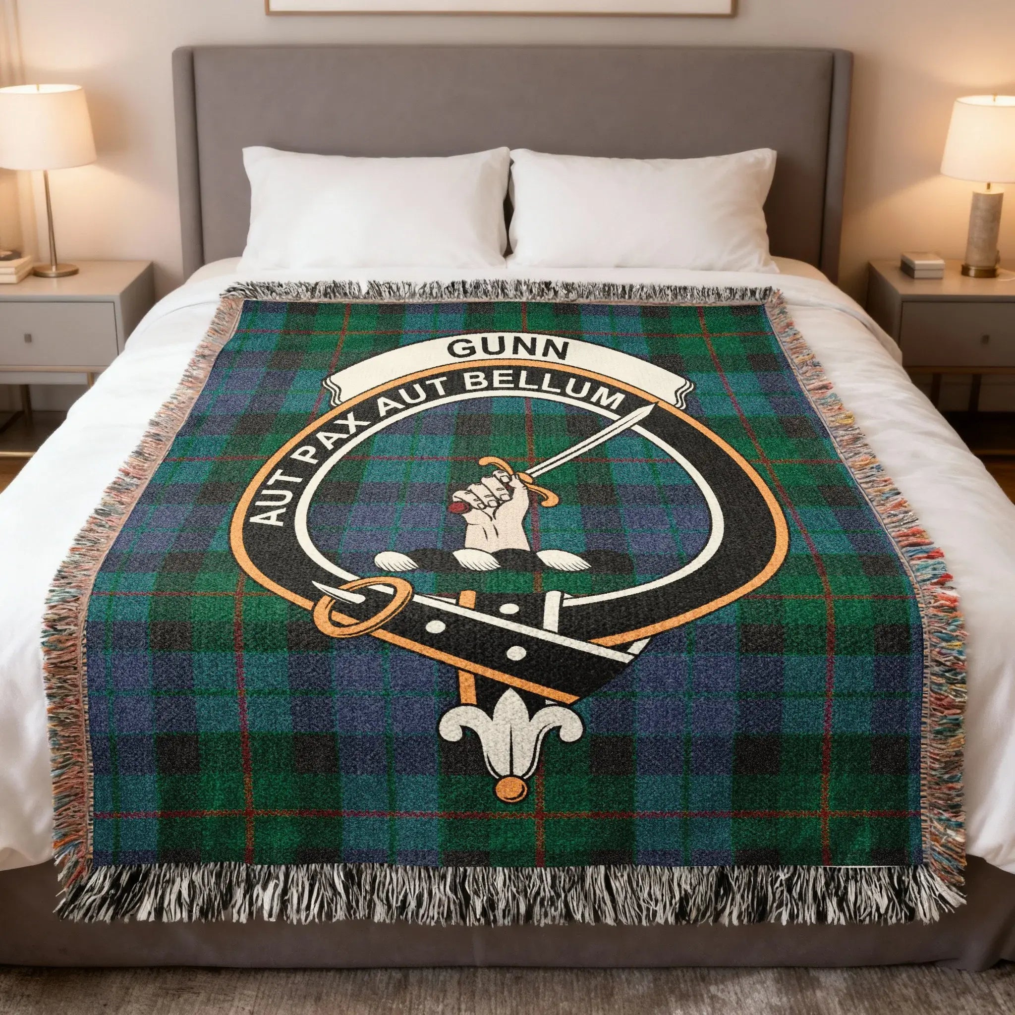 Gunn clan tartan woven blanket — 100% cotton with Aut Pax Aut Bellum clan crest design