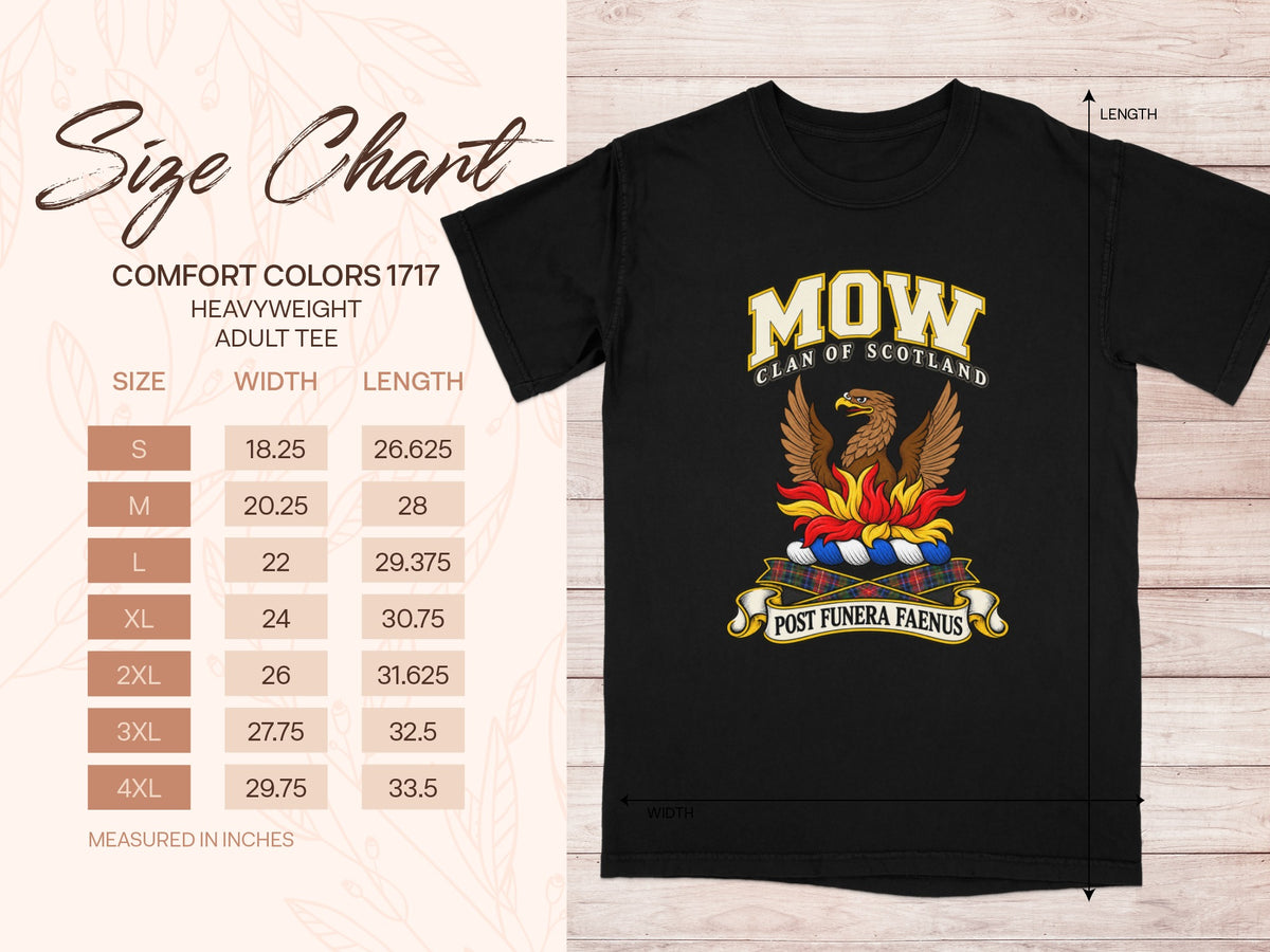 Comfort Colors 1717 size chart for the Mow Scottish clan T-shirt, adult sizes S–4XL.