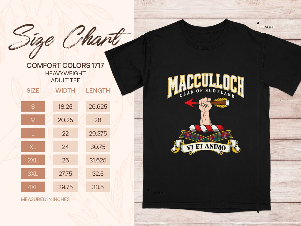 Comfort Colors 1717 size chart in inches with a black MacCulloch clan crest T-shirt preview