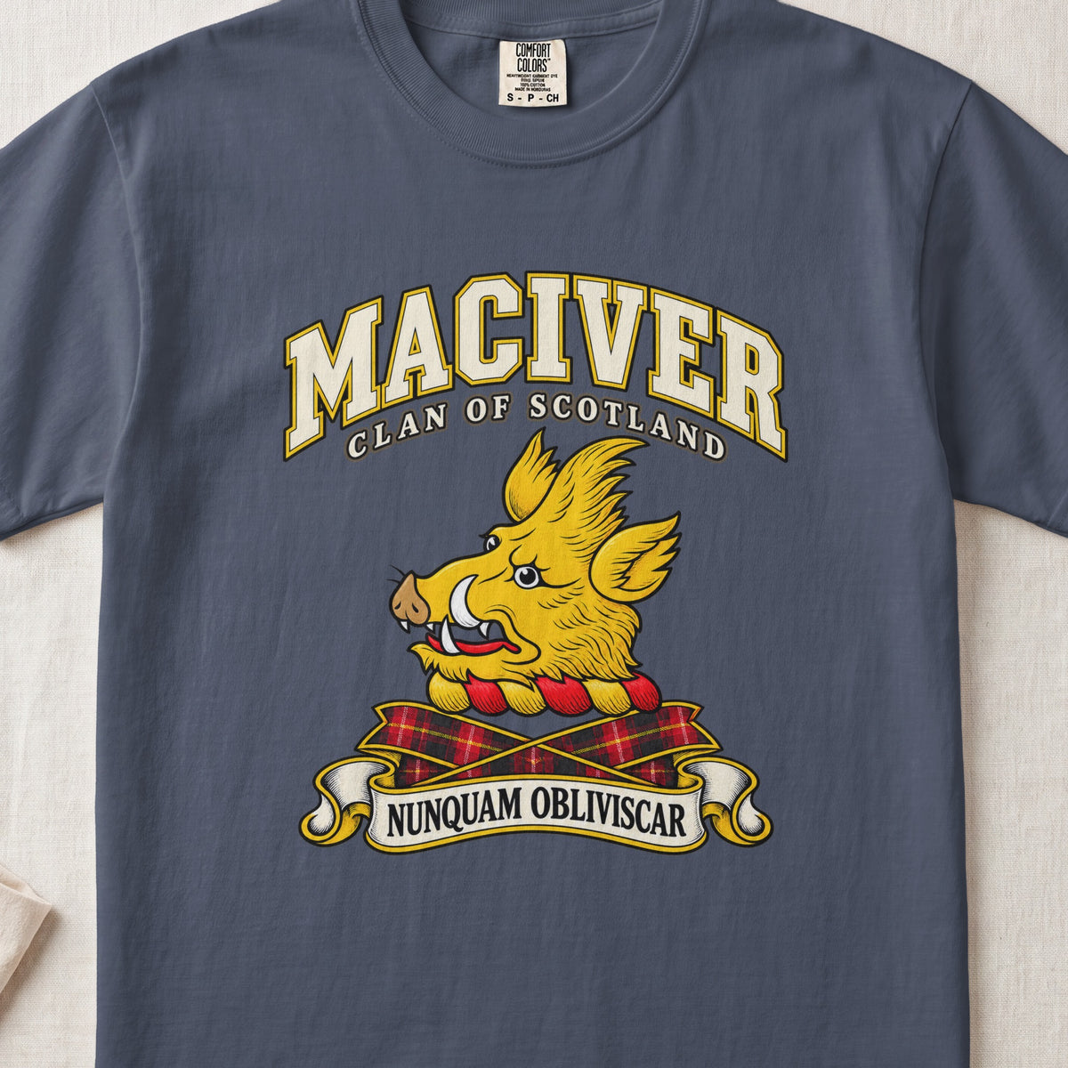 MacIver Scottish clan T-shirt in Midnight, front view with a golden boar head and motto design.