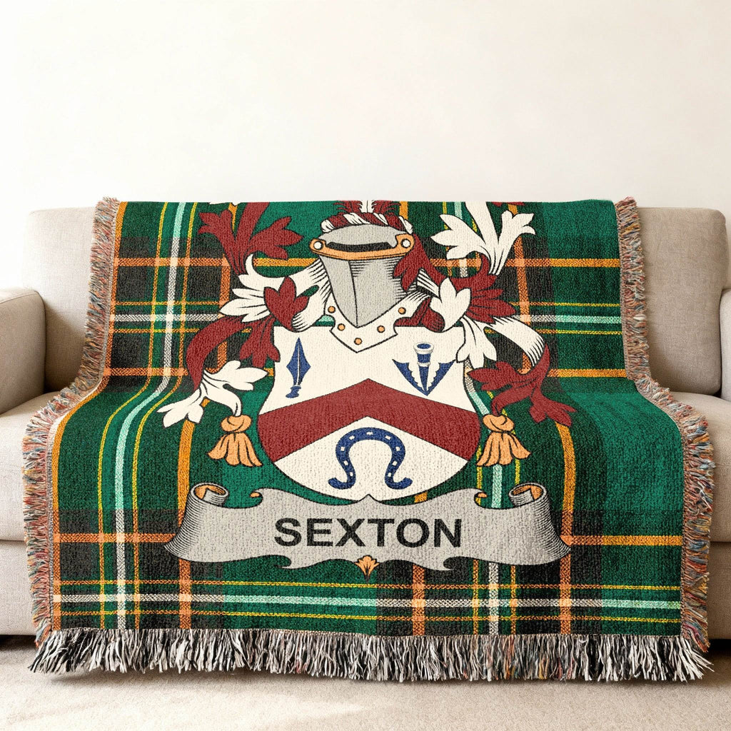 Green plaid throw blanket with Sexton family crest.