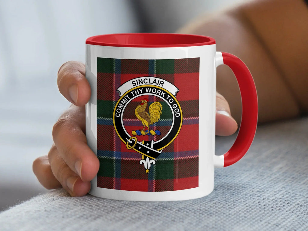 Sinclair clan crest mug — tartan plaid with commit thy work to god motto design