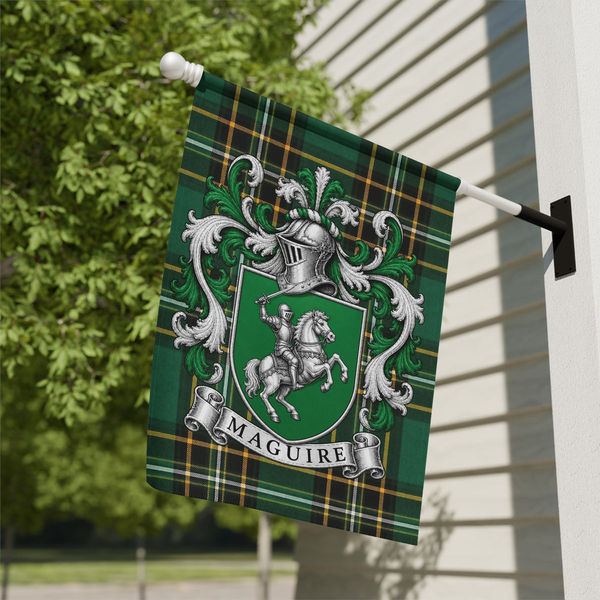 Maguire Irish National Tartan family crest garden flag displayed outdoors