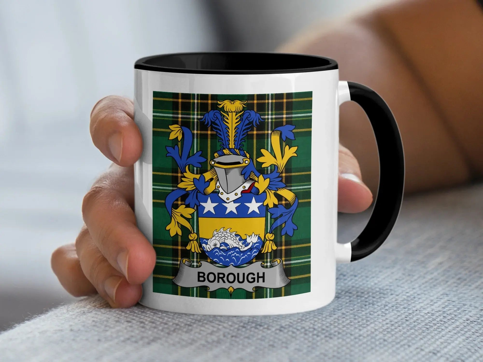Borough Irish family crest accent mug with black handle on Irish National Tartan