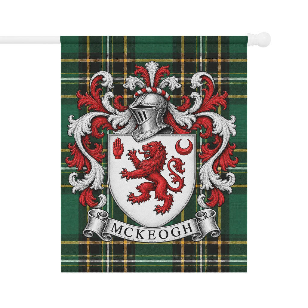McKeogh Irish National Tartan garden flag featuring the McKeogh family crest