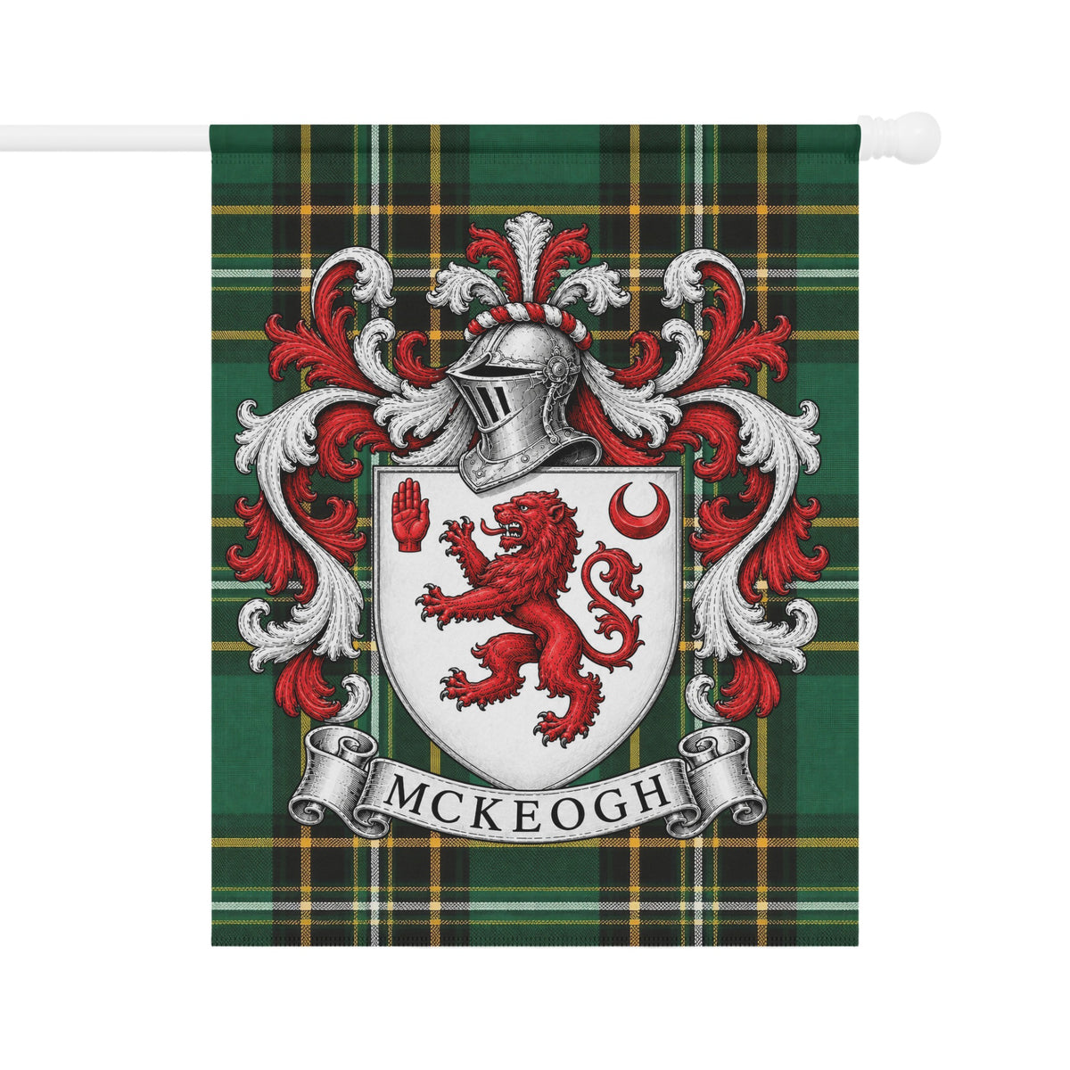 McKeogh Irish National Tartan garden flag featuring the McKeogh family crest