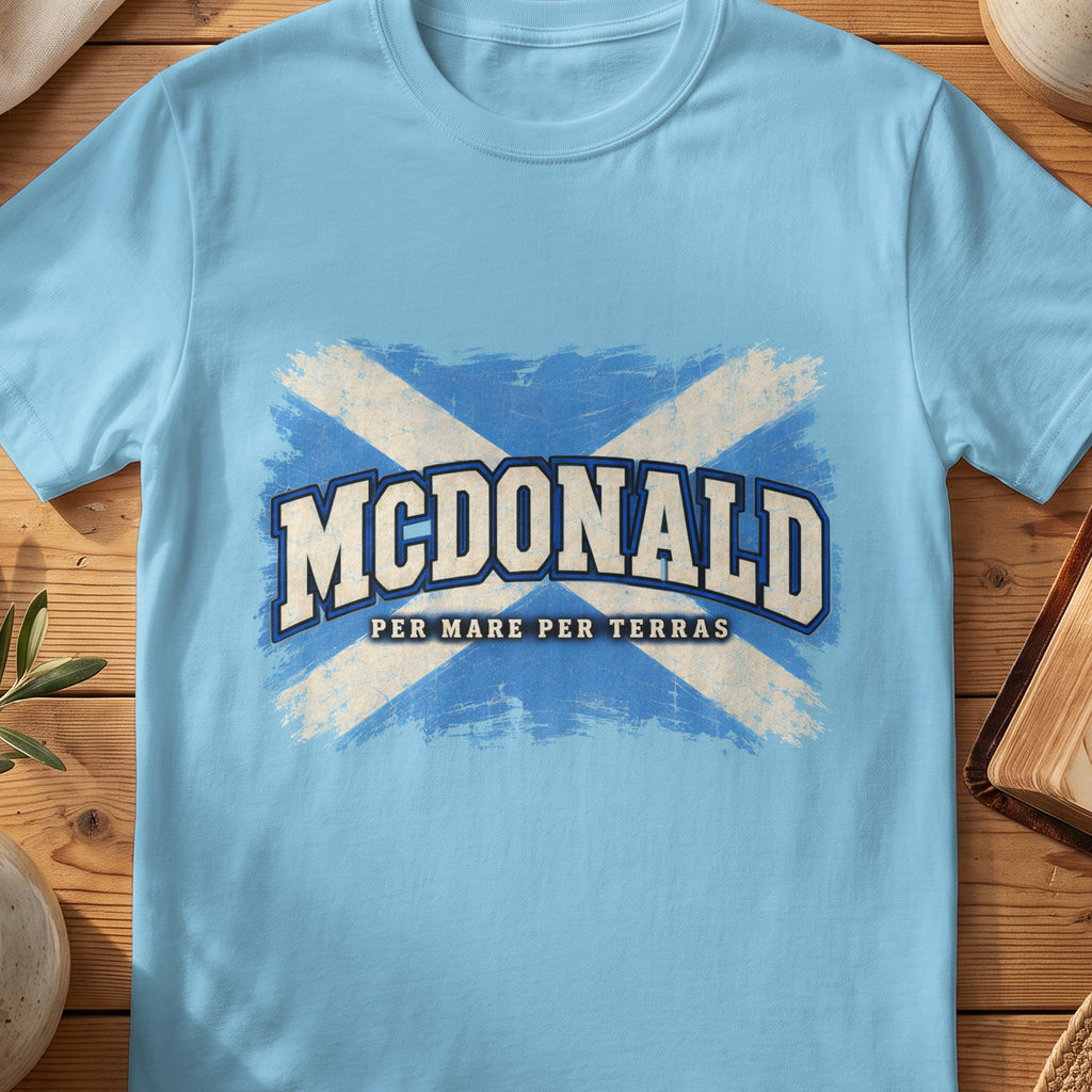 McDonald Scottish Saltire T-shirt in Sky, with distressed blue and cream flag and “Per Mare Per Terras” lettering.