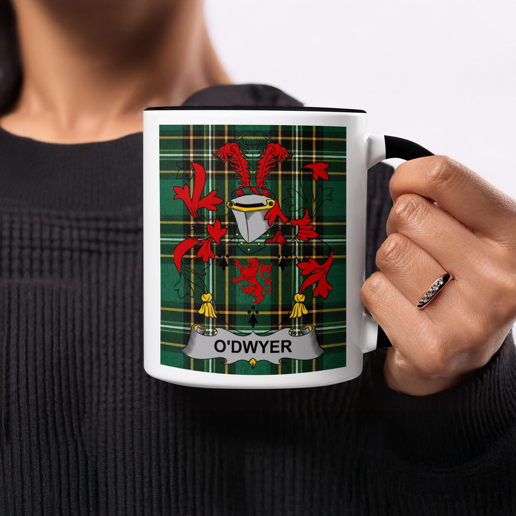O'Dwyer Irish family crest on green tartan mug — close-up detail