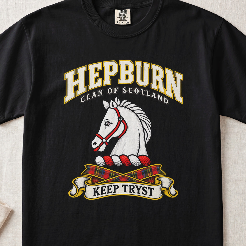 Hepburn Scottish clan T-shirt in Black, front view with a white horse head with a red bridle and motto banner.