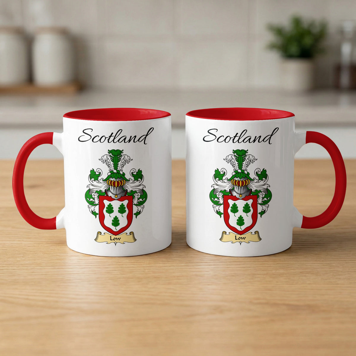 Red-accent Low Scottish family crest mugs with Scotland above the heraldic shield