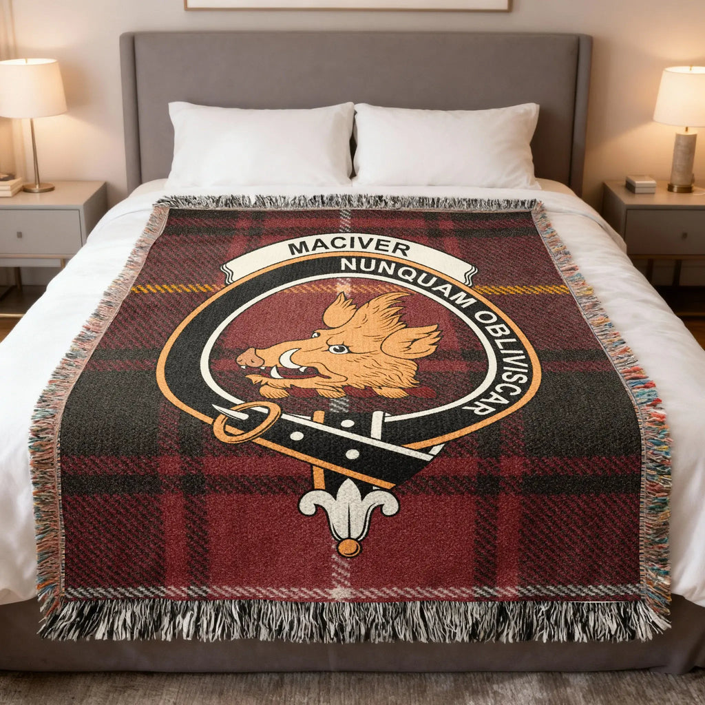 MacIver clan crest tartan woven cotton blanket — Nunquam Obliviscar with fringe edge