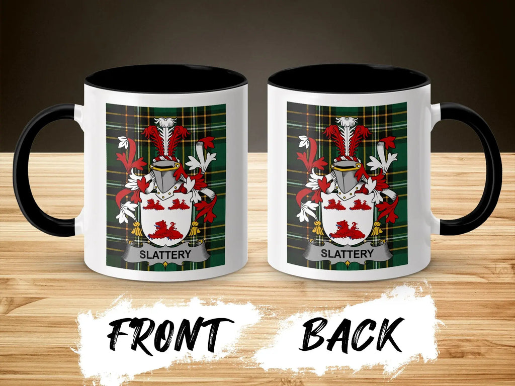Slattery ceramic mug with black handle and family crest on tartan background