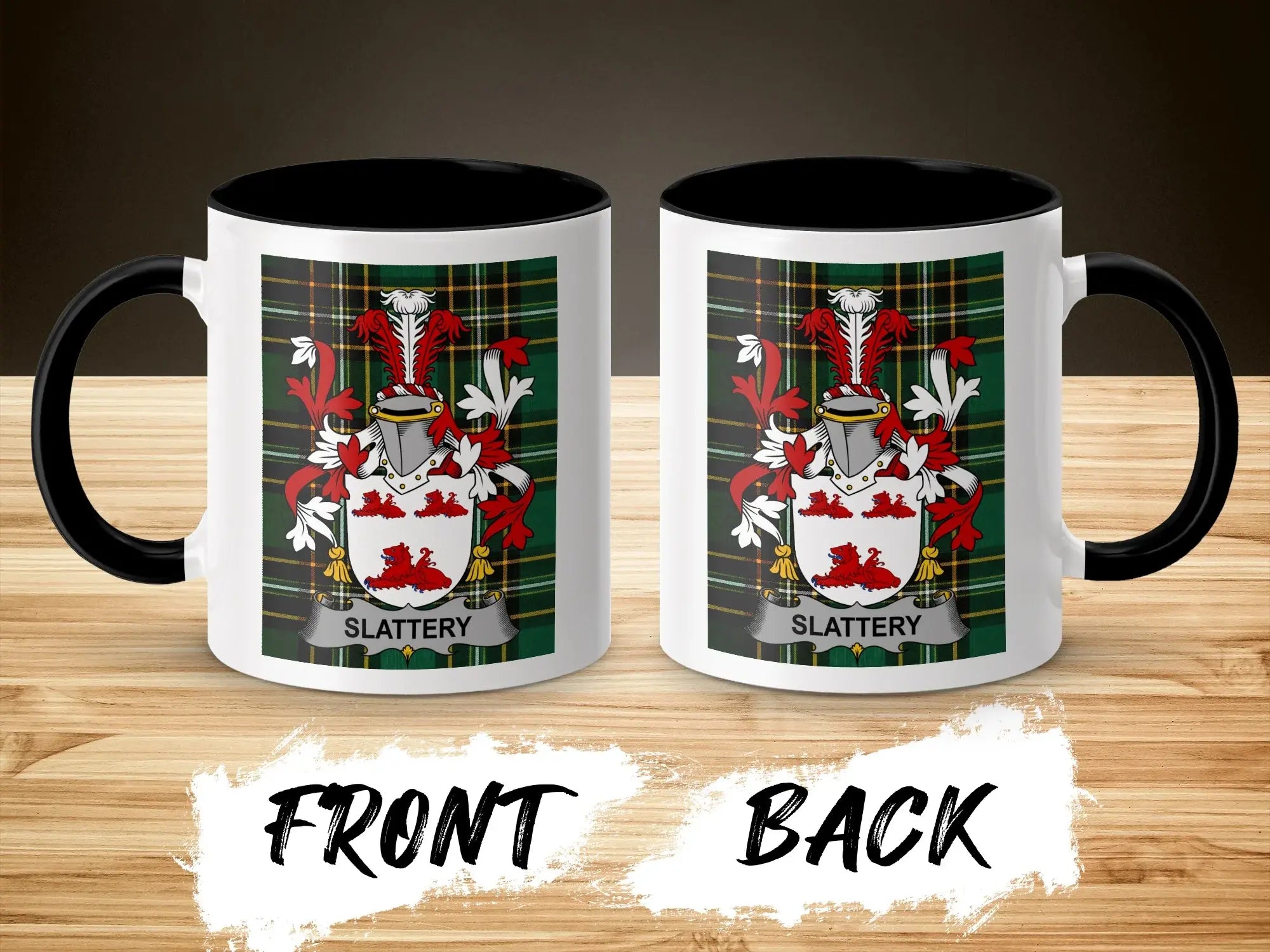 Slattery ceramic mug with black handle and family crest on tartan background