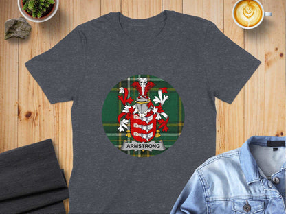 Armstrong Family Crest on Irish National Tartan T-Shirt - Living Stone Gifts