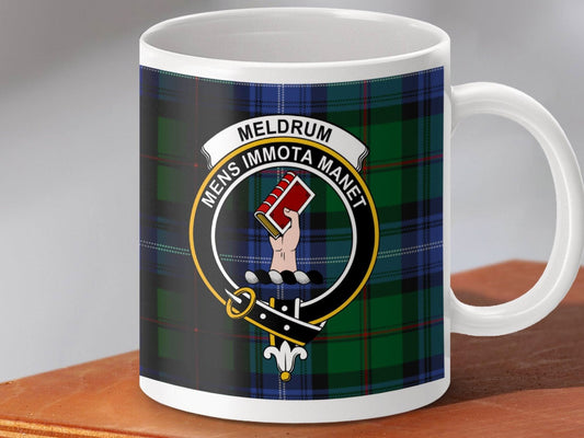 Meldrum Clan Crest Tartan Mug with Family Motto product type