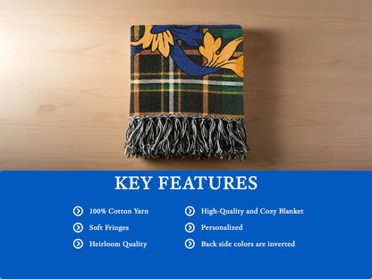 Plaid cotton throw blanket with fringe and key features list.