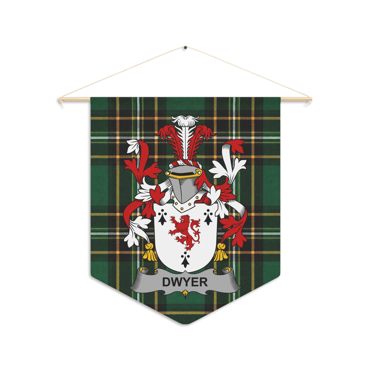 Dwyer family crest on a green tartan pennant banner with wooden rod and string.