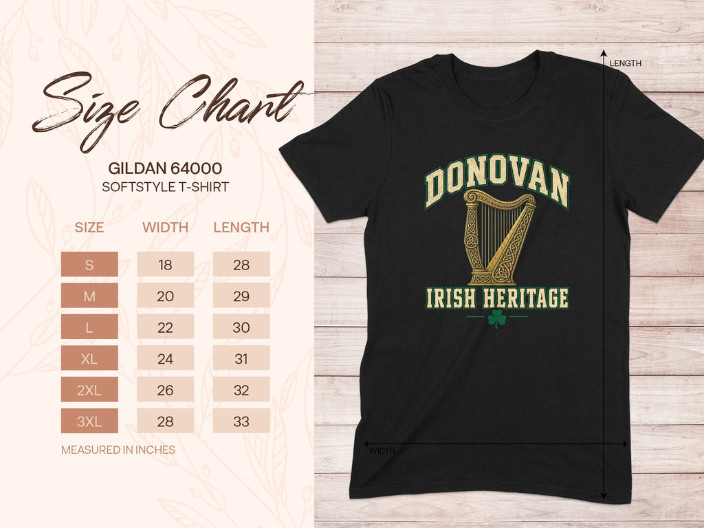 Donovan Irish Heritage T-shirt size chart for Gildan 64000 unisex fit
