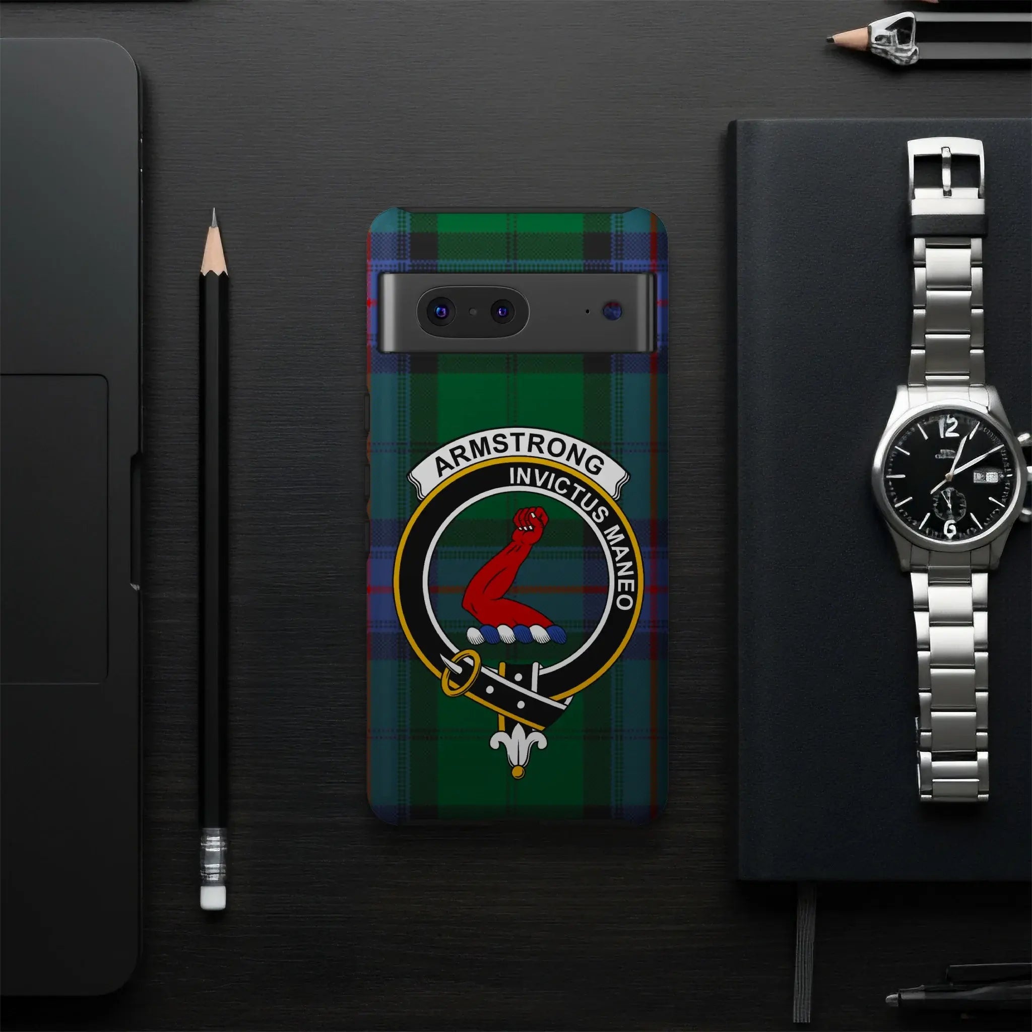 Armstrong Invictus Maneo tartan phone case closeup — clan crest and motto, glossy finish