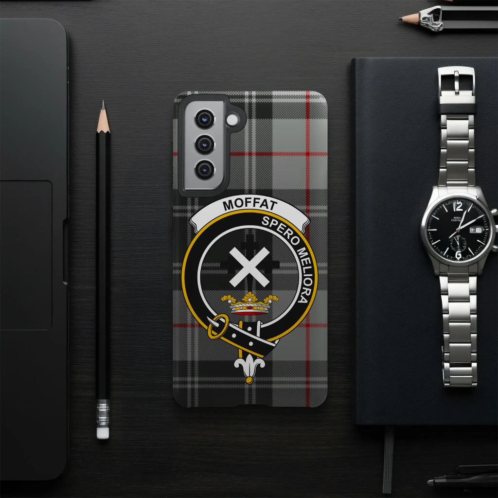 Moffat clan crest phone case — edge-to-edge tartan print on slim glossy case, iPhone compatible