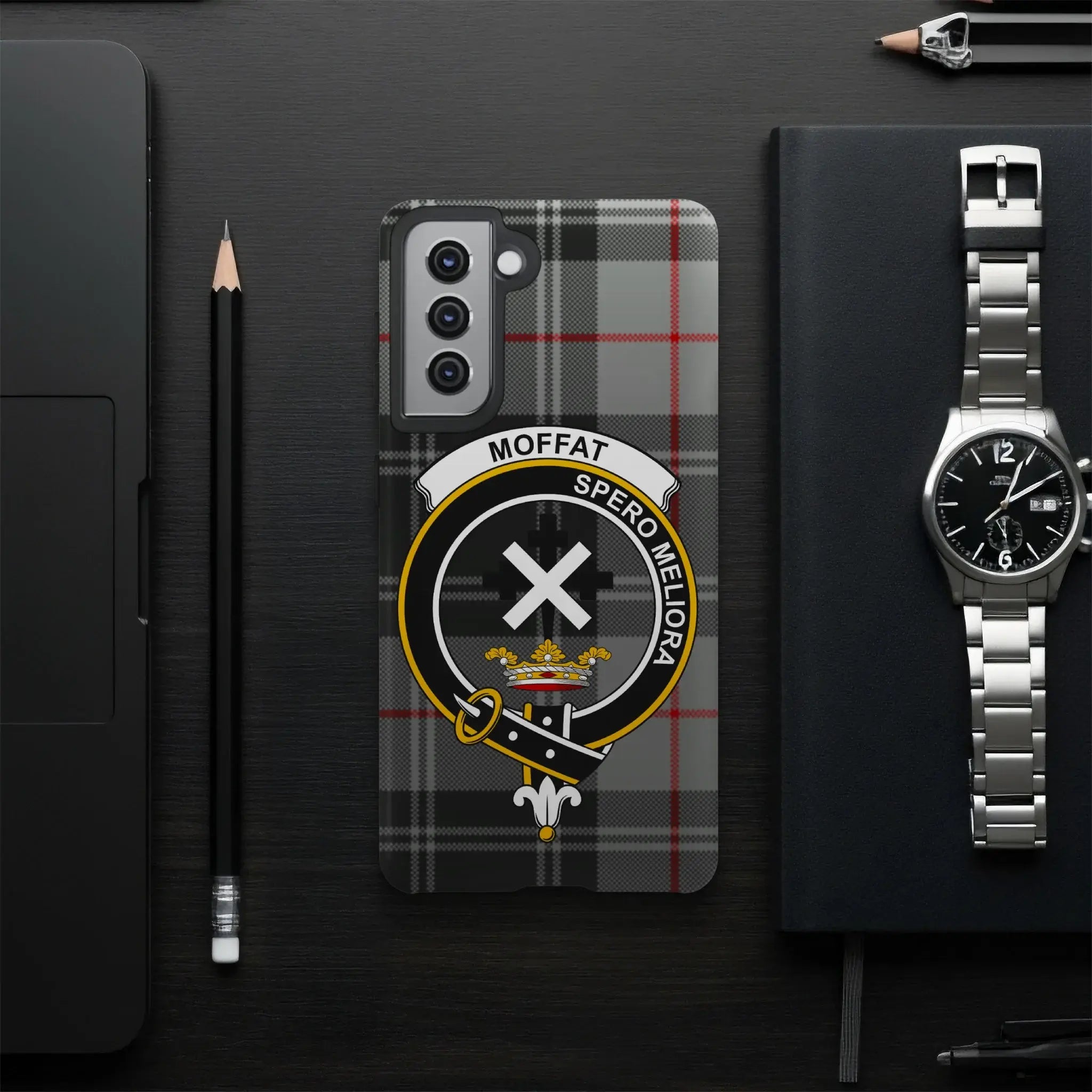 Moffat clan crest phone case — edge-to-edge tartan print on slim glossy case, iPhone compatible