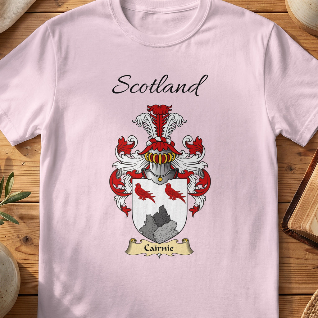 Light Pink Cairnie Scottish family shield T-shirt featuring red birds above a grey rocky motif