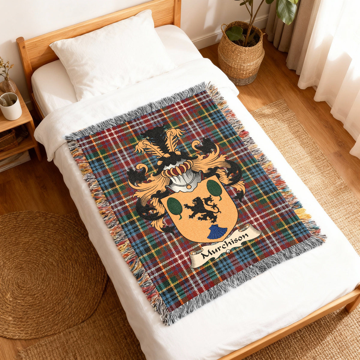 Murchison Caledonia tartan heritage woven throw blanket with family shield