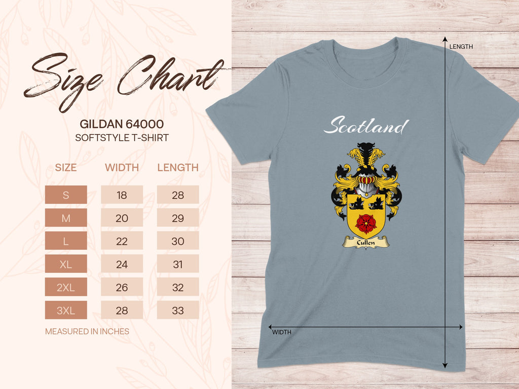 Gildan 64000 size chart for Cullen Scottish family shield T-shirt