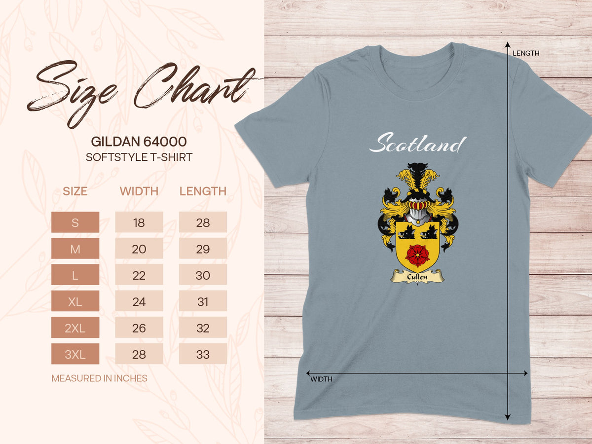 Gildan 64000 size chart for Cullen Scottish family shield T-shirt