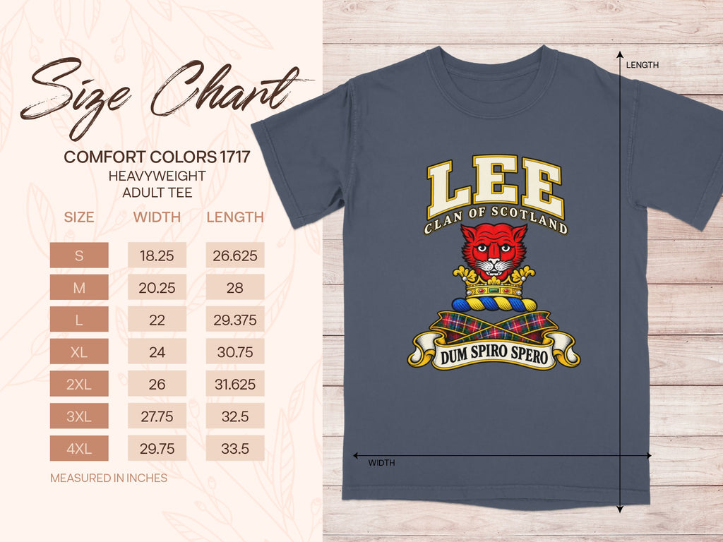Comfort Colors 1717 size chart for the Lee Scottish clan T-shirt, adult sizes S–4XL.