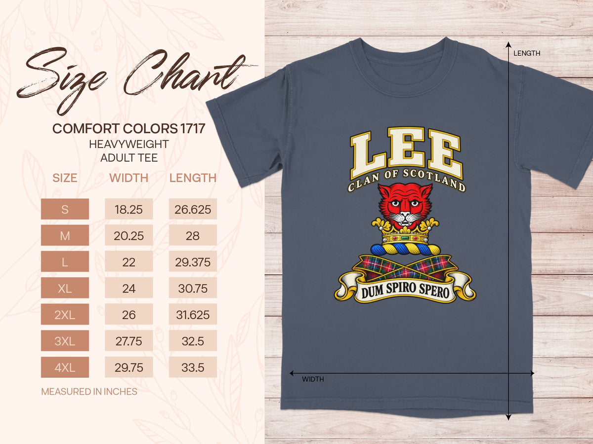 Comfort Colors 1717 size chart for the Lee Scottish clan T-shirt, adult sizes S–4XL.
