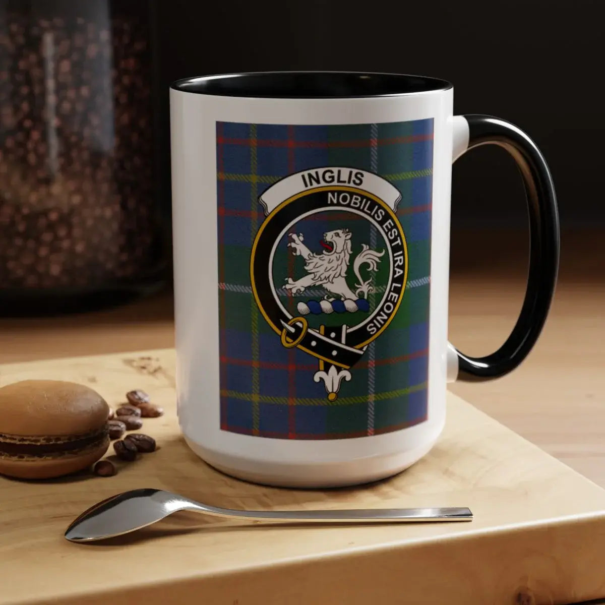 Tartan Design Coffee Mug with Unique Heraldry Emblem
