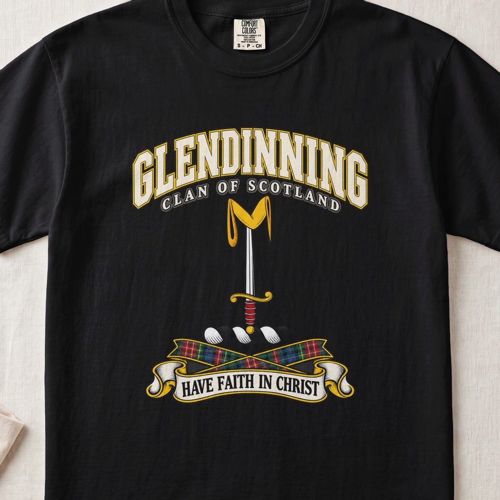 Glendinning Scottish clan T-shirt in Black, front view with an upright sword beneath a gold pennon and motto design.