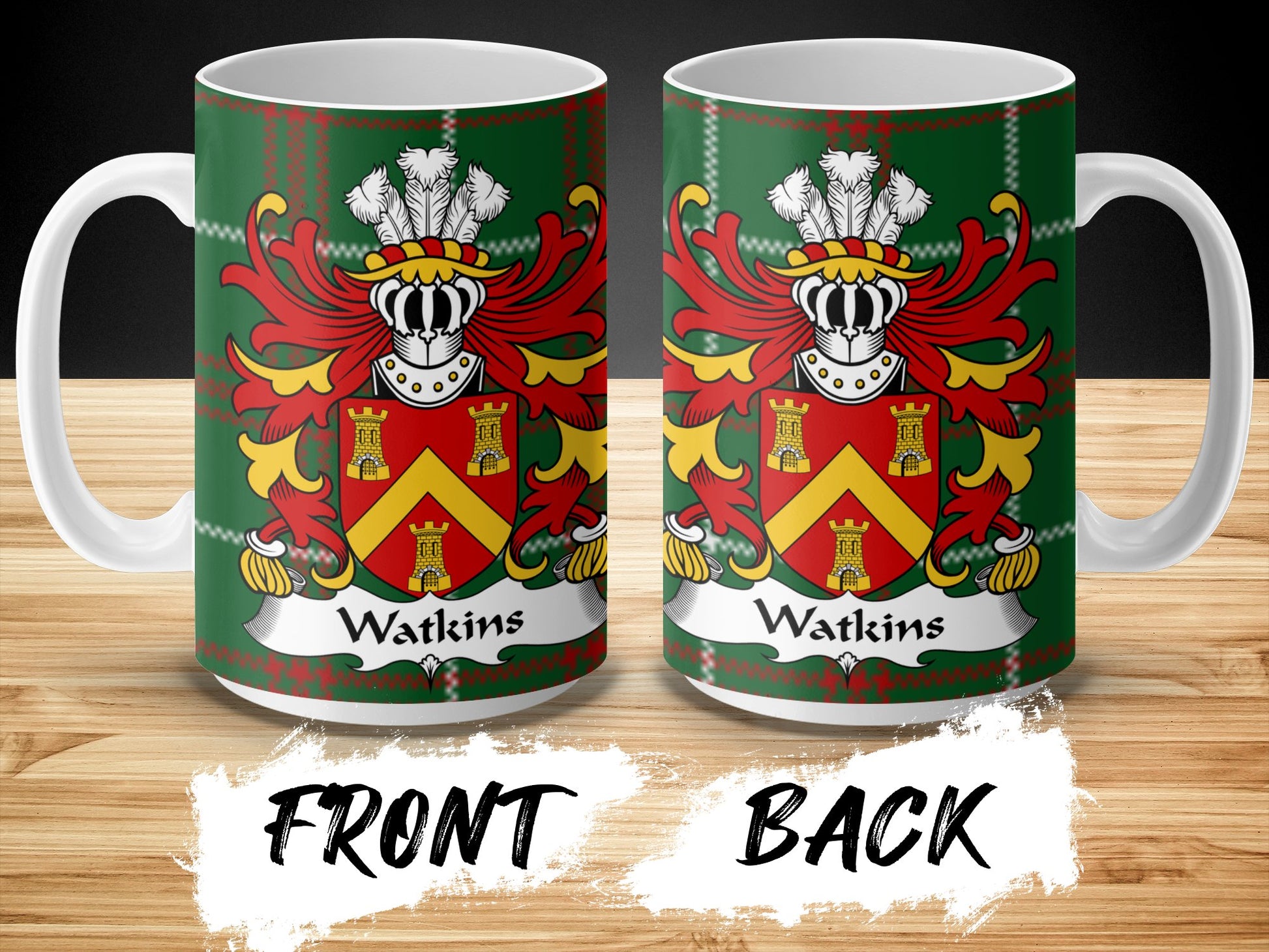 Watkins Coat of Arms on Welsh National Tartan Background Mug - Living Stone Gifts