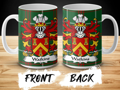 Watkins Coat of Arms on Welsh National Tartan Background Mug - Living Stone Gifts