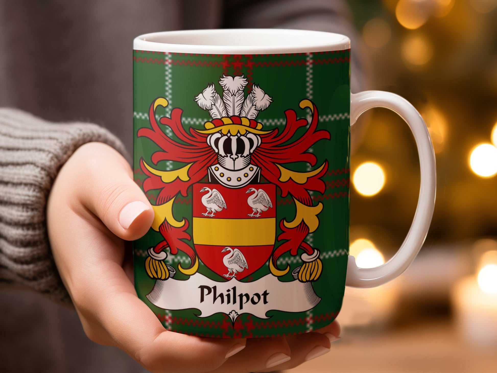 Philpot Surname Coat of Arms on National Tartan Mug - Living Stone Gifts