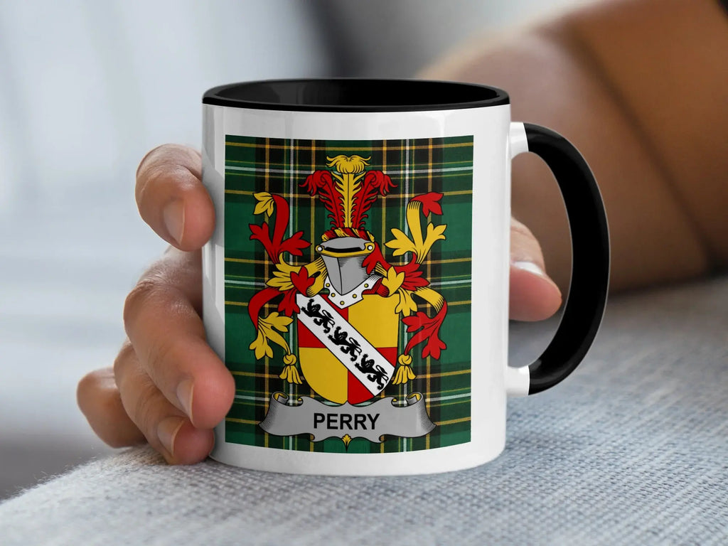 Perry Irish family crest black accent mug with Irish National Tartan