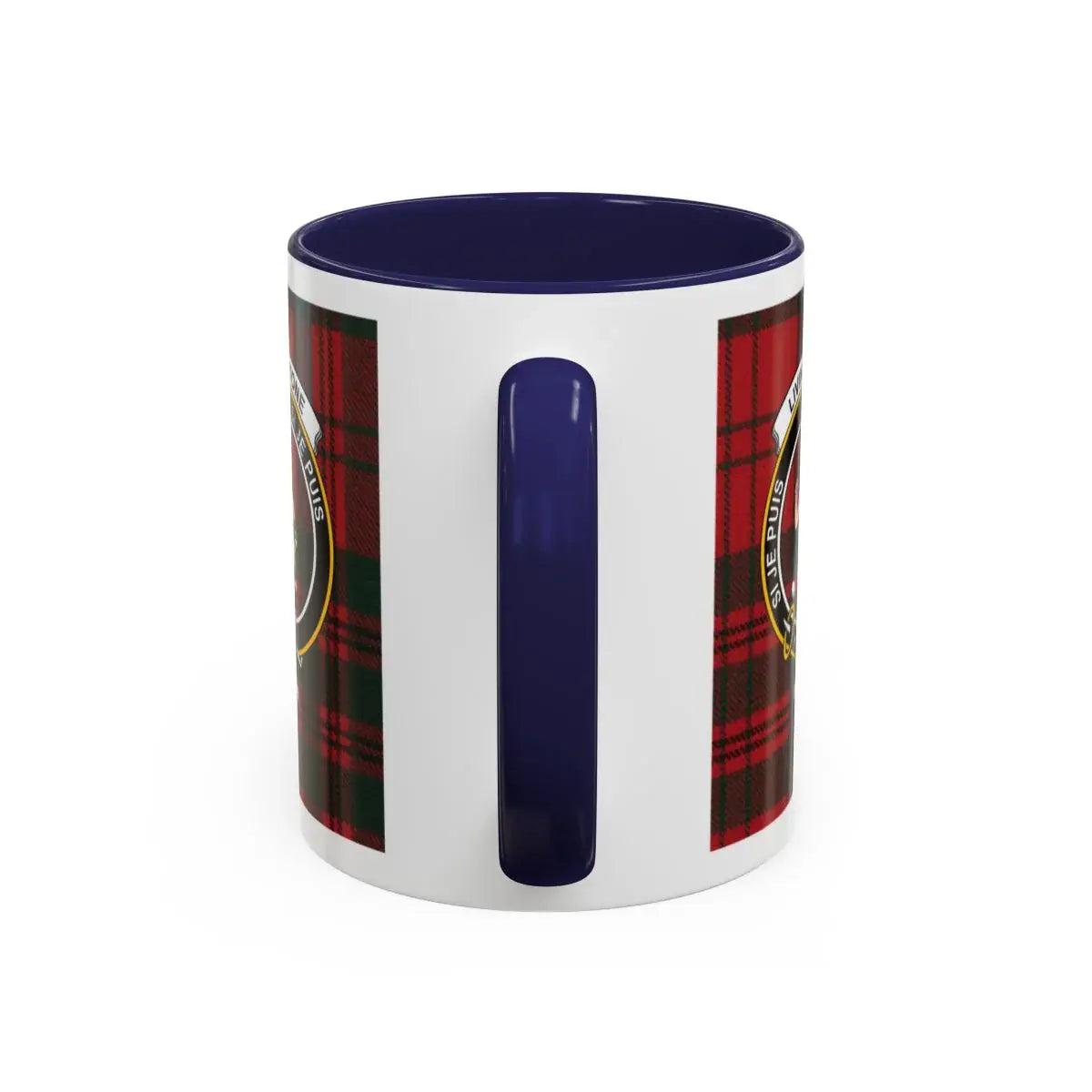 Clan Livingstone crest accent mug — 15 oz red handle, size and colour options shown