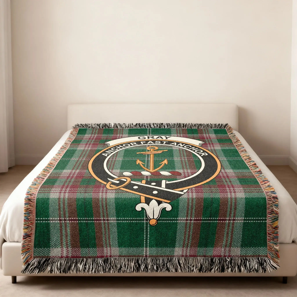 Gray Anchor Fast Anchor clan crest woven blanket — heraldic design at centre, fringe edge