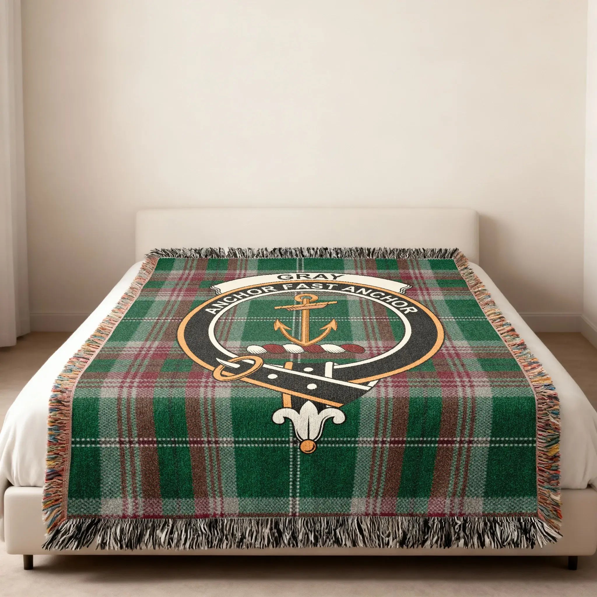 Gray Anchor Fast Anchor clan crest woven blanket — heraldic design at centre, fringe edge