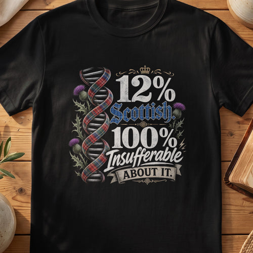 Black Gildan 64000 unisex T-shirt flatlay with 12% Scottish 100% Insufferable Scottish graphic design