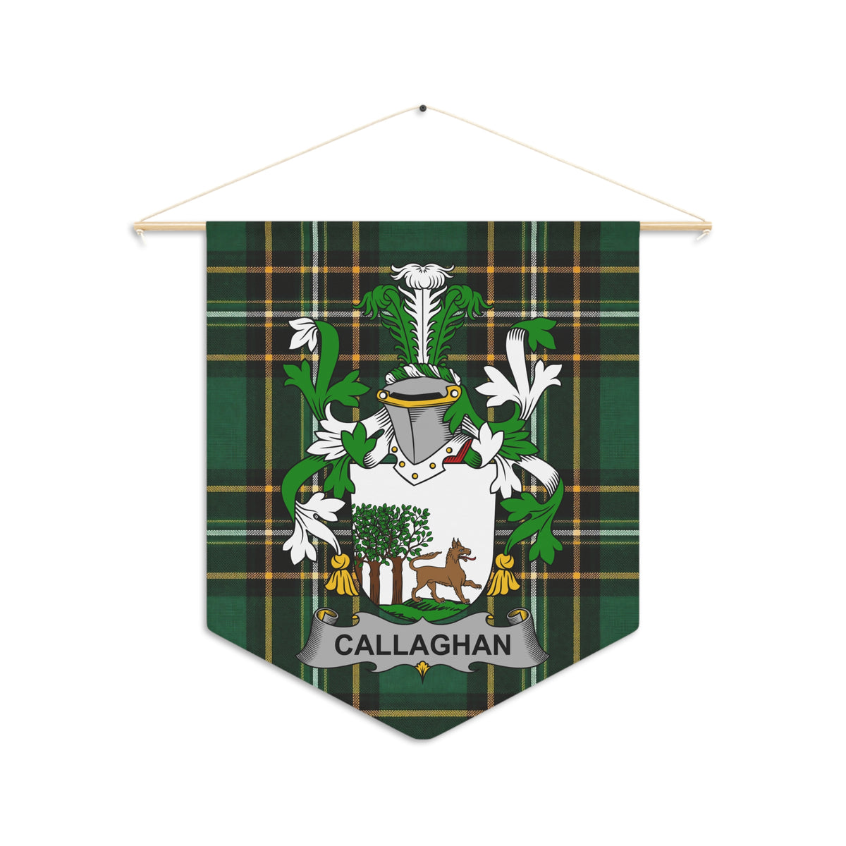 Callaghan tartan pennant with coat of arms and a dog and tree.