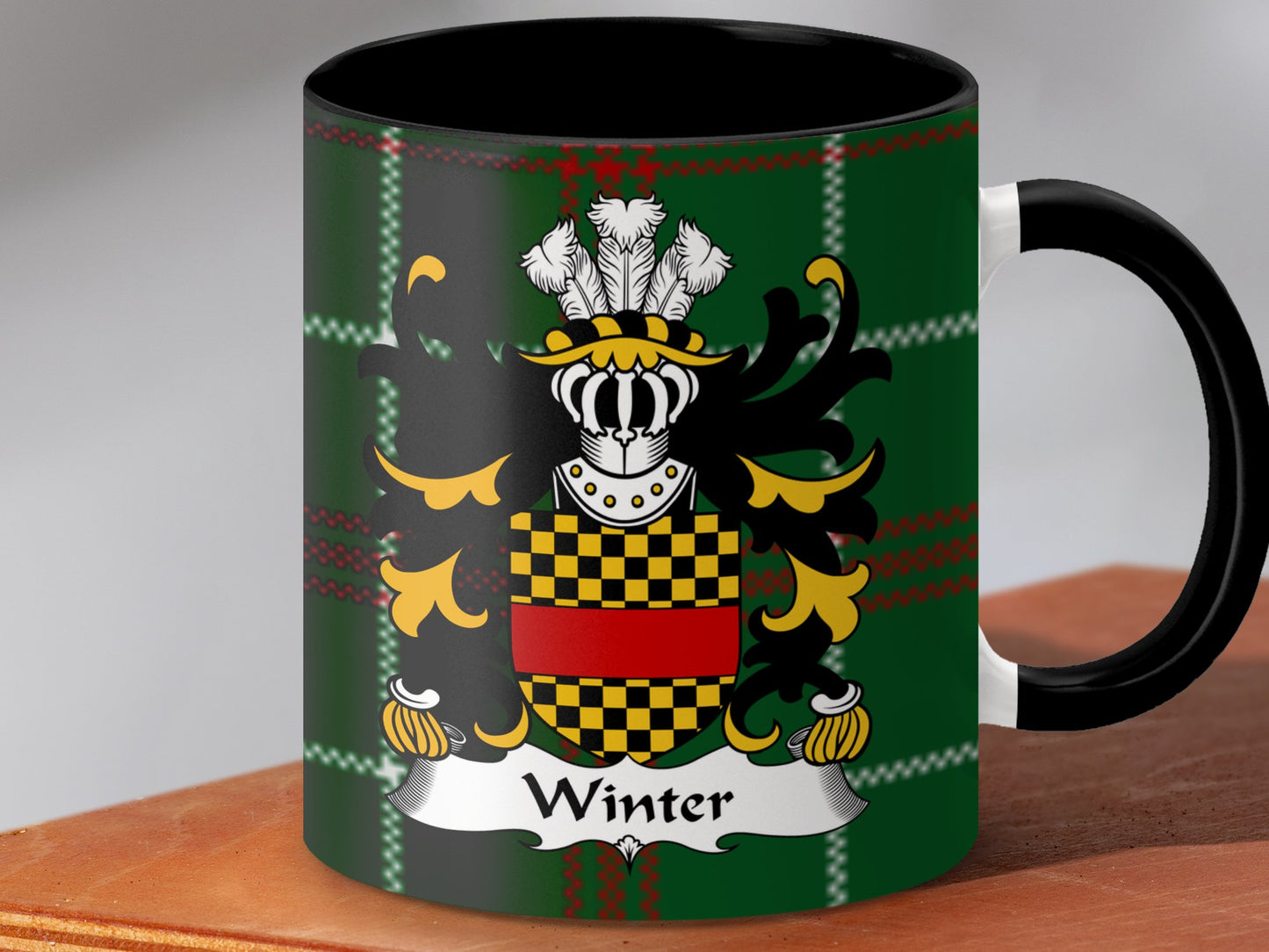 Winter Welsh Surname Coat of Arms on Tartan Background Mug - Living Stone Gifts