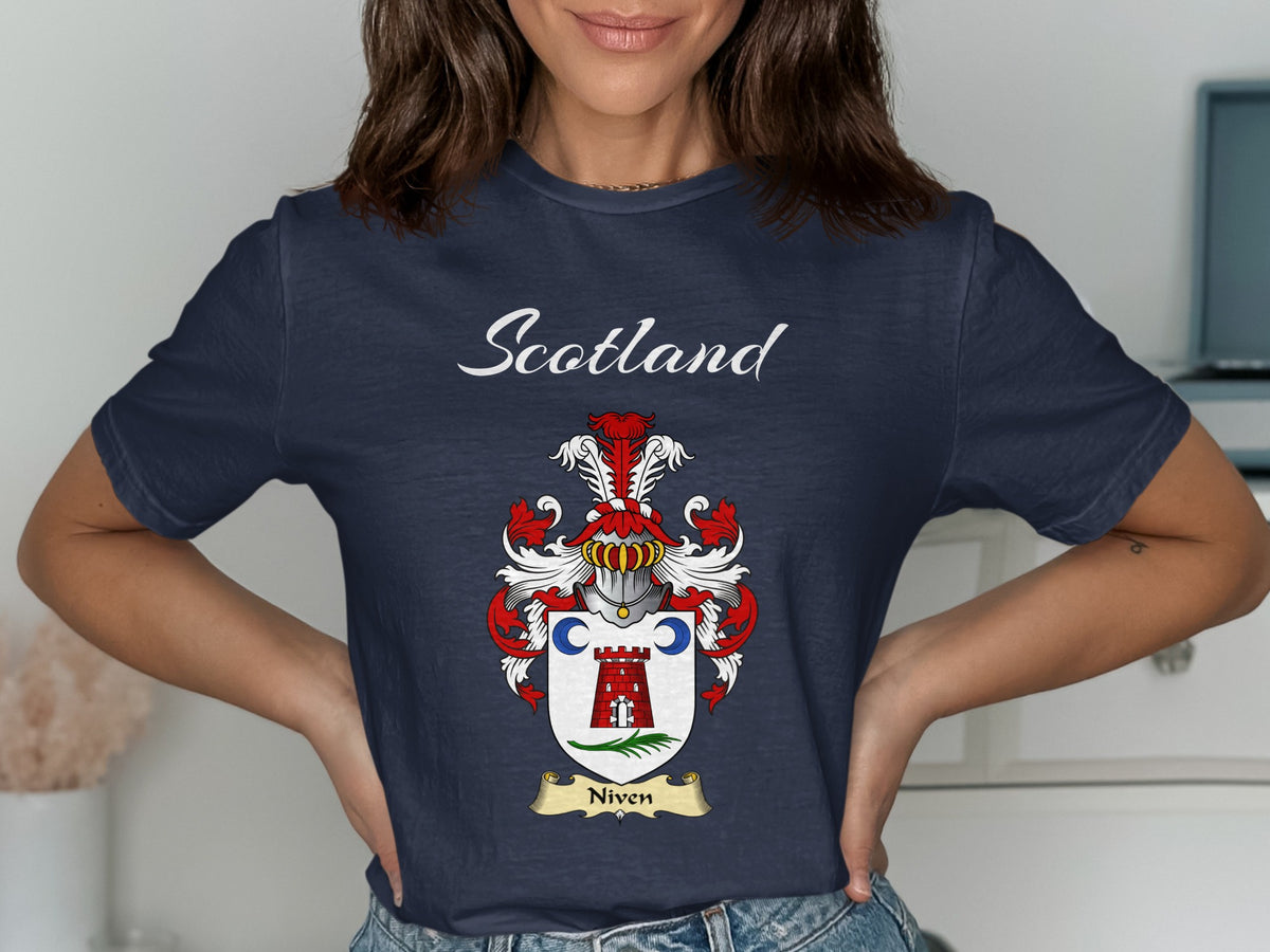Niven Scottish family shield design on Navy T-shirt