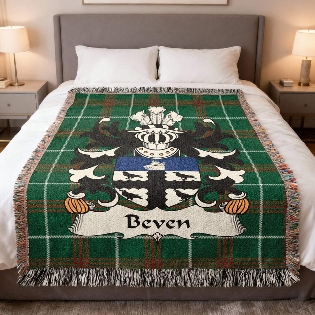 Beven Welsh crest woven blanket on Welsh national tartan