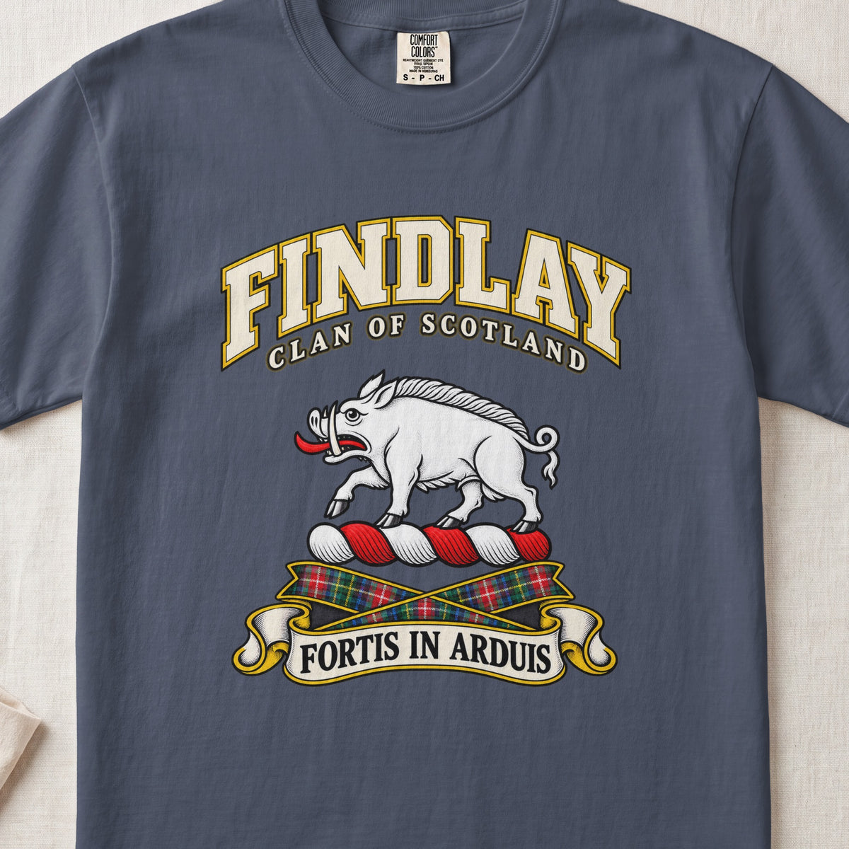 Findlay Scottish clan T-shirt in Midnight, front view with a white boar and motto banner.