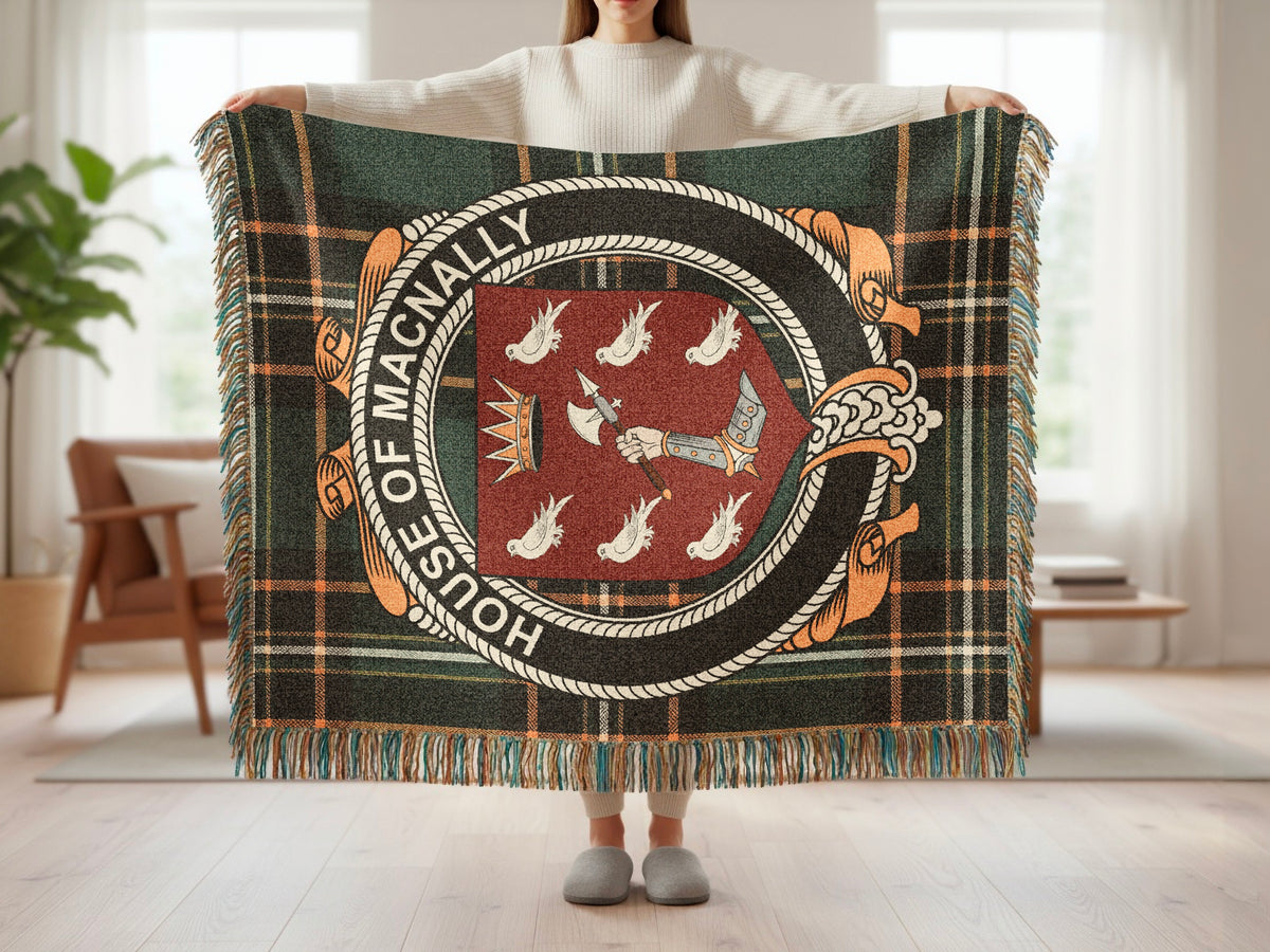 MacNally surname blanket showing Irish National Tartan woven design