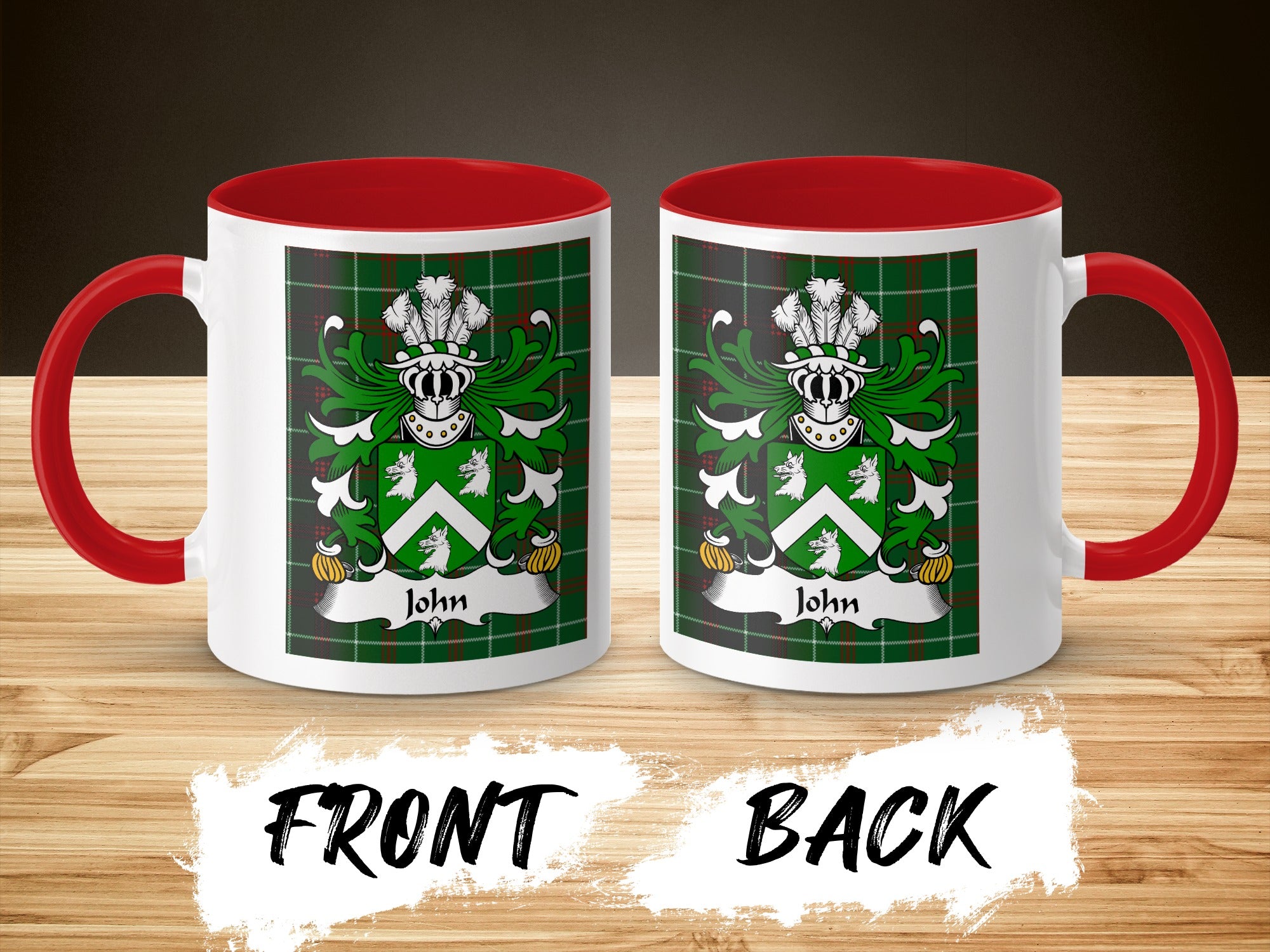 Two white mugs with red handles and interiors display the John coat of arms on a tartan background.