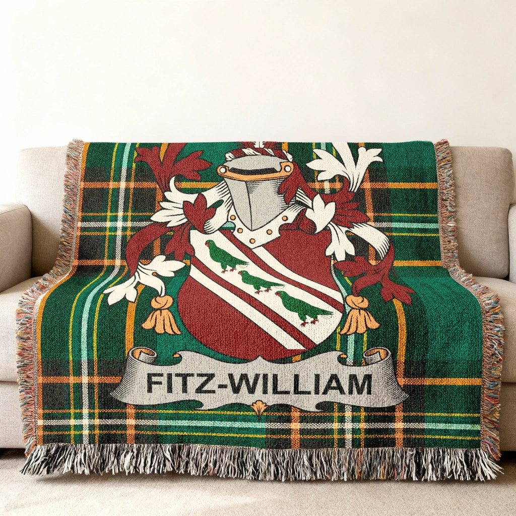 Fitz-William family crest woven blanket in tartan pattern.